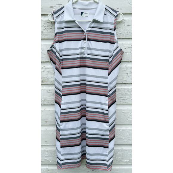 Izod Dresses & Skirts - IZOD Golf Athletic Dress White Gray Striped Sleeveless Polo Tank Mini w/ Pockets